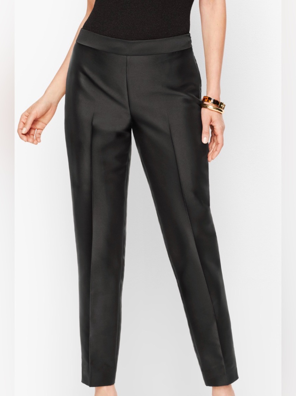 NEW Chico's Black Satin Straight Pull On Taper Ankle Trousers